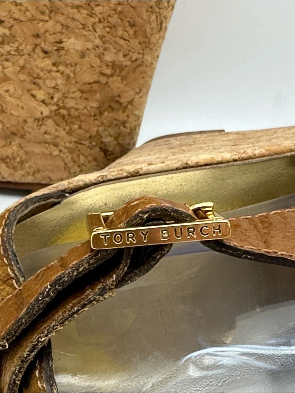 Tory Burch Tan Woven Leather Cork Platform Wedge Sandals Size 9M